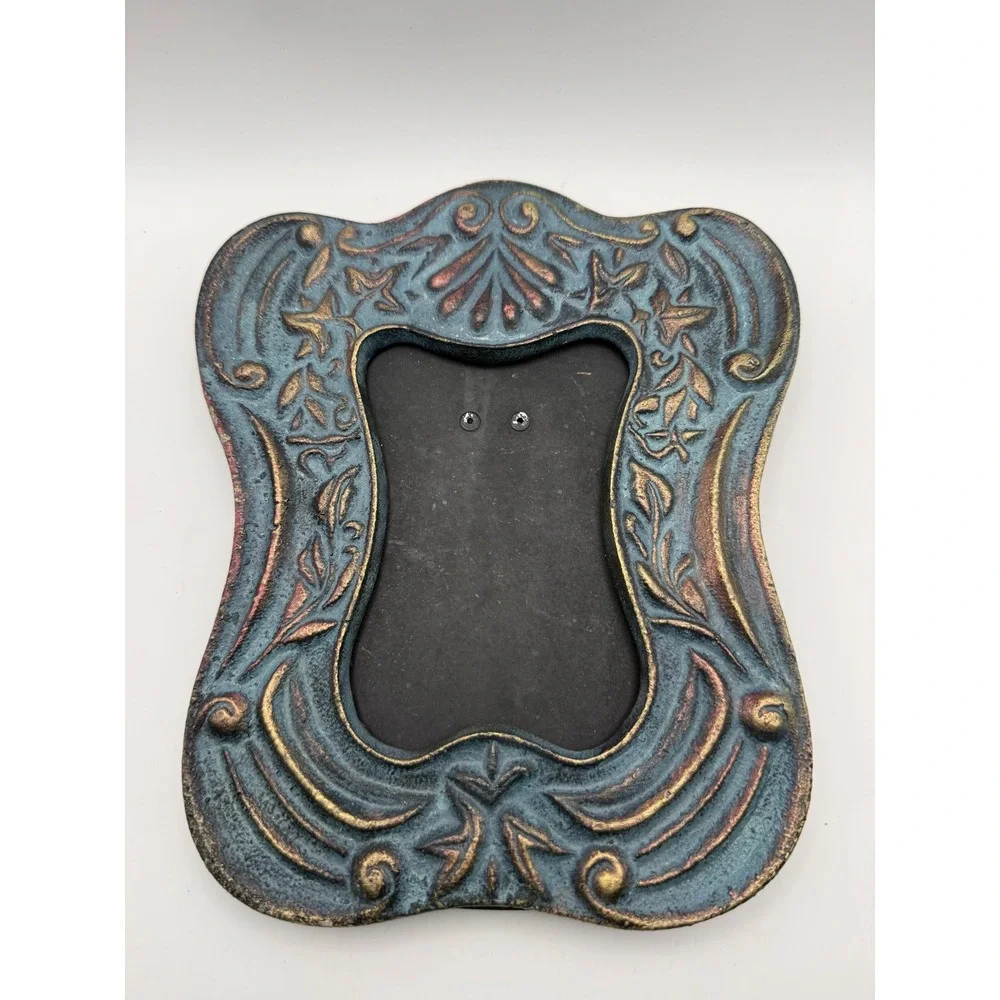 Vintage Ornate Cast Metal Verdigris Picture Frame Gold Patina‎ Scrollwork